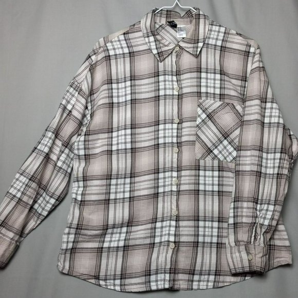 H&M Divided Plaid Long Sleeve 100% Soft Cotton Button Up‎ Beige Brown Collar XS - Picture 2 of 12